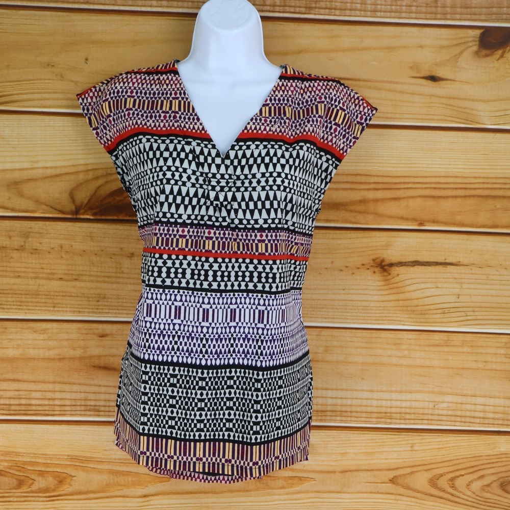 Liz Claiborne Blouse Shirt Womens Sz PS Multicolor Geometric Cap Sleeves V-Neck